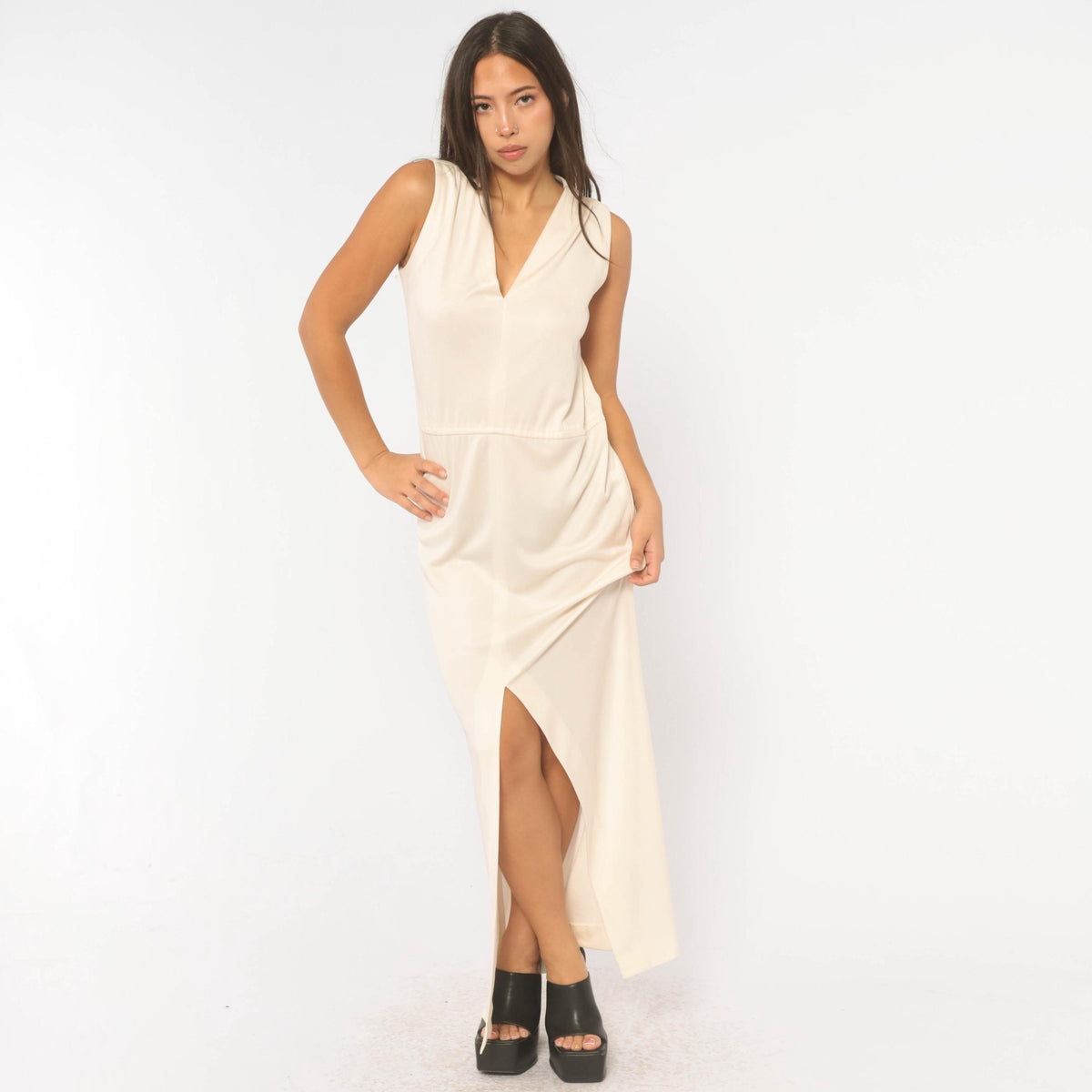 70s Victor Costa Cream Maxi Dress Deep V Neck Drop Waist Front Slit Medium