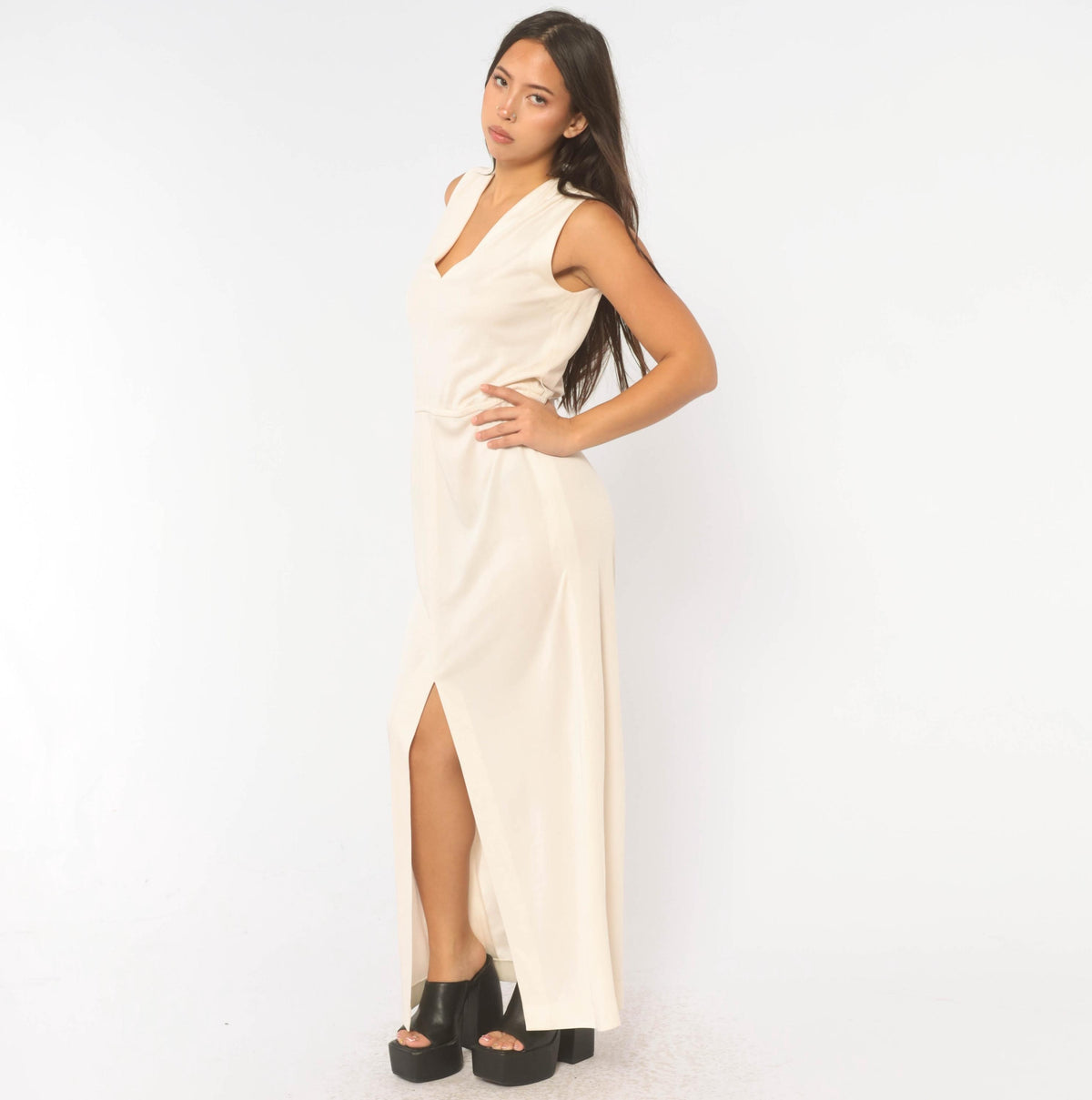 70s Victor Costa Cream Maxi Dress Deep V Neck Drop Waist Front Slit Medium