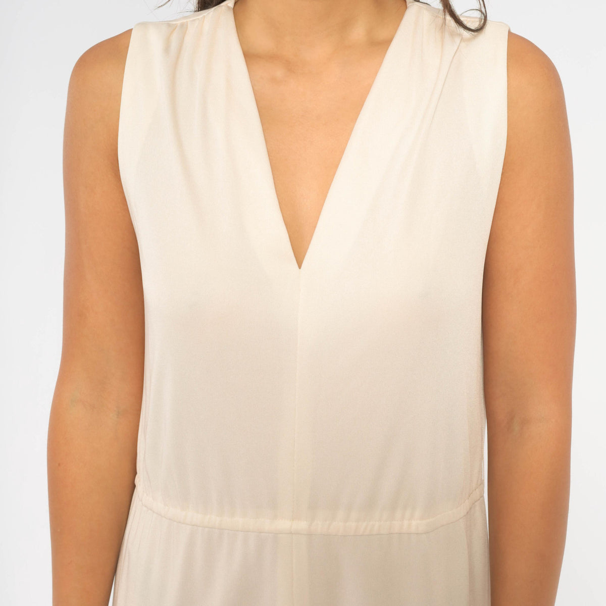 70s Victor Costa Cream Maxi Dress Deep V Neck Drop Waist Front Slit Medium