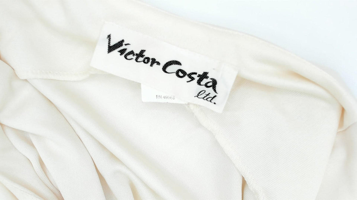 70s Victor Costa Cream Maxi Dress Deep V Neck Drop Waist Front Slit Medium