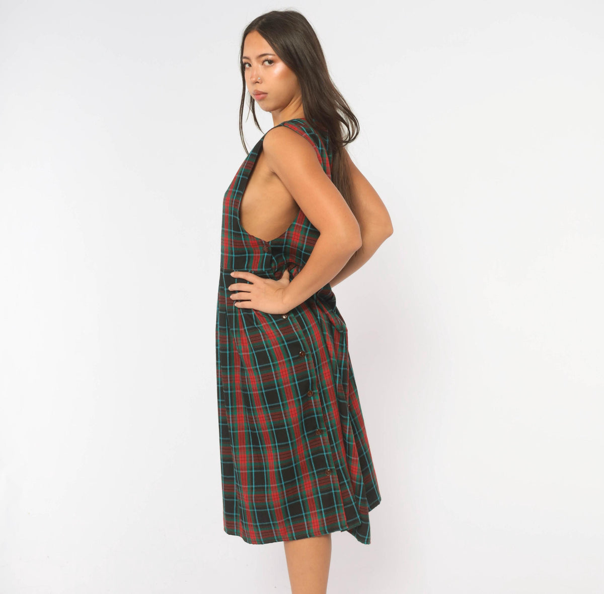 90s Bay Waters Plaid Midi Dress Black Red Teal V-Neck Drop Waist Large