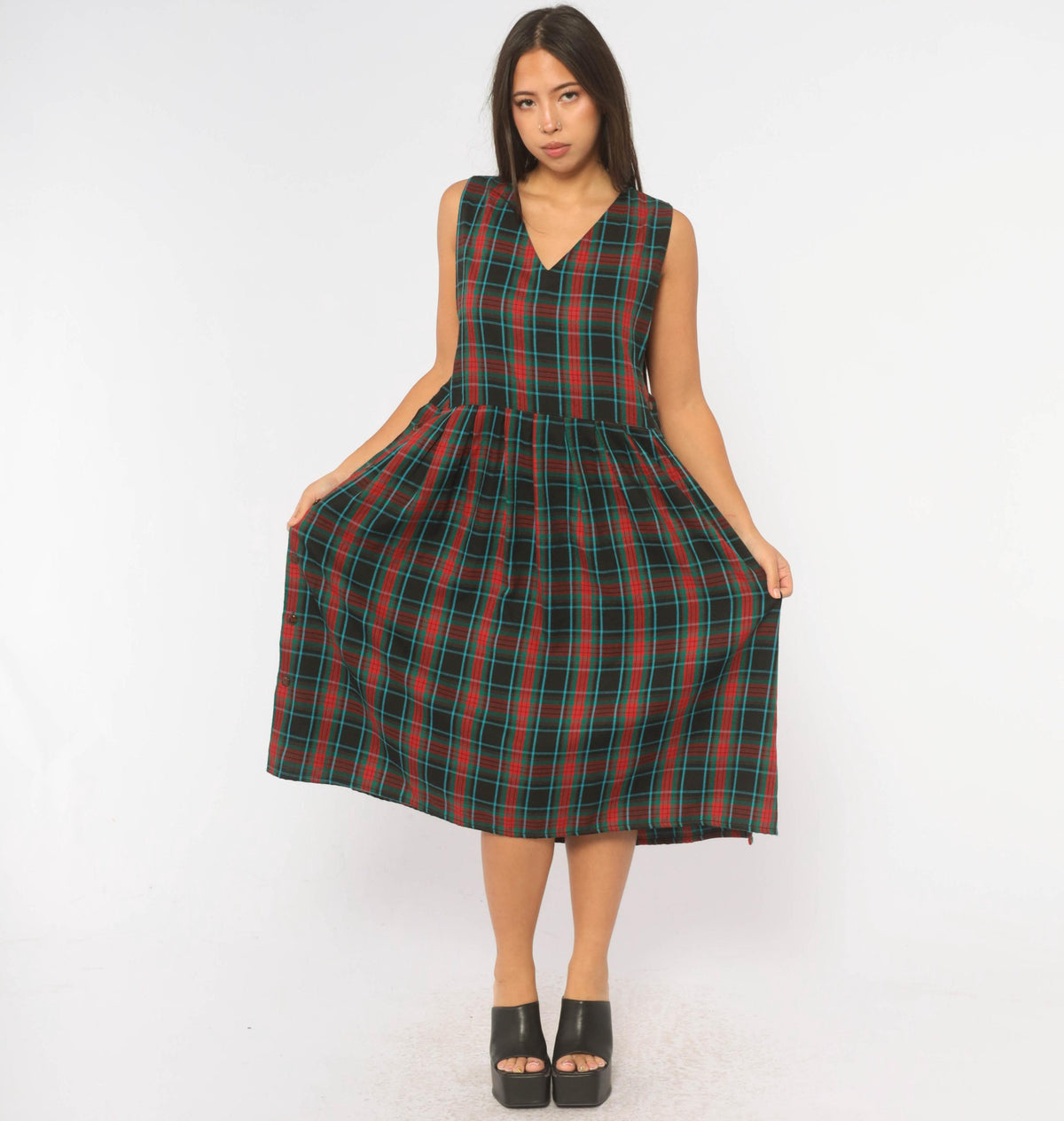90s Bay Waters Plaid Midi Dress Black Red Teal V-Neck Drop Waist Large