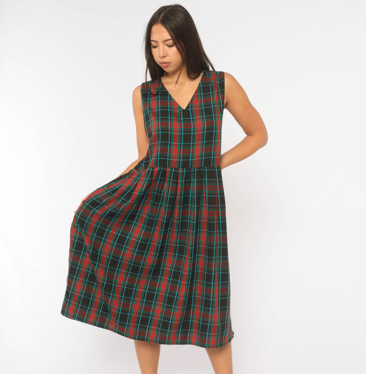 90s Bay Waters Plaid Midi Dress Black Red Teal V-Neck Drop Waist Large