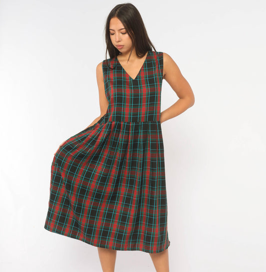 90s Bay Waters Plaid Midi Dress Black Red Teal V-Neck Drop Waist Large