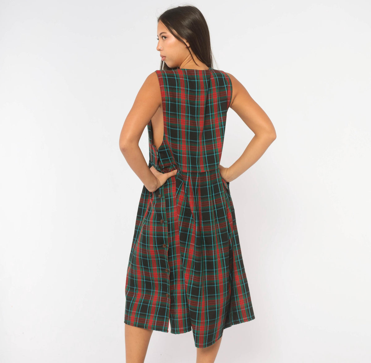 90s Bay Waters Plaid Midi Dress Black Red Teal V-Neck Drop Waist Large