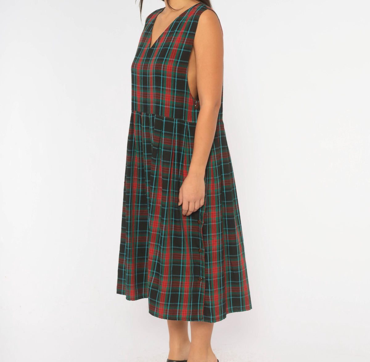 90s Bay Waters Plaid Midi Dress Black Red Teal V-Neck Drop Waist Large