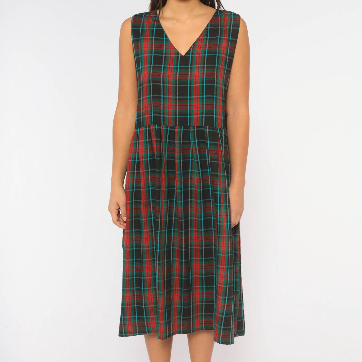 90s Bay Waters Plaid Midi Dress Black Red Teal V-Neck Drop Waist Large