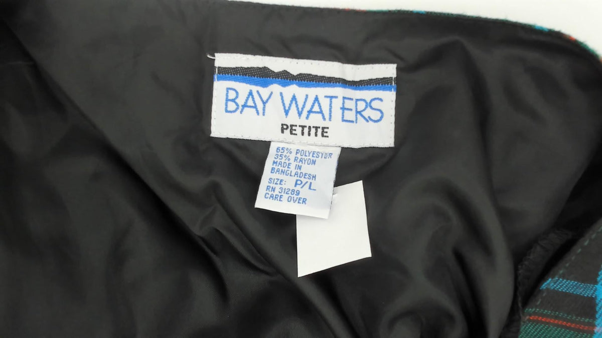 90s Bay Waters Plaid Midi Dress Black Red Teal V-Neck Drop Waist Large