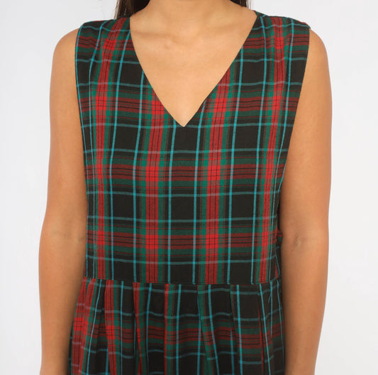 90s Bay Waters Plaid Midi Dress Black Red Teal V-Neck Drop Waist Large