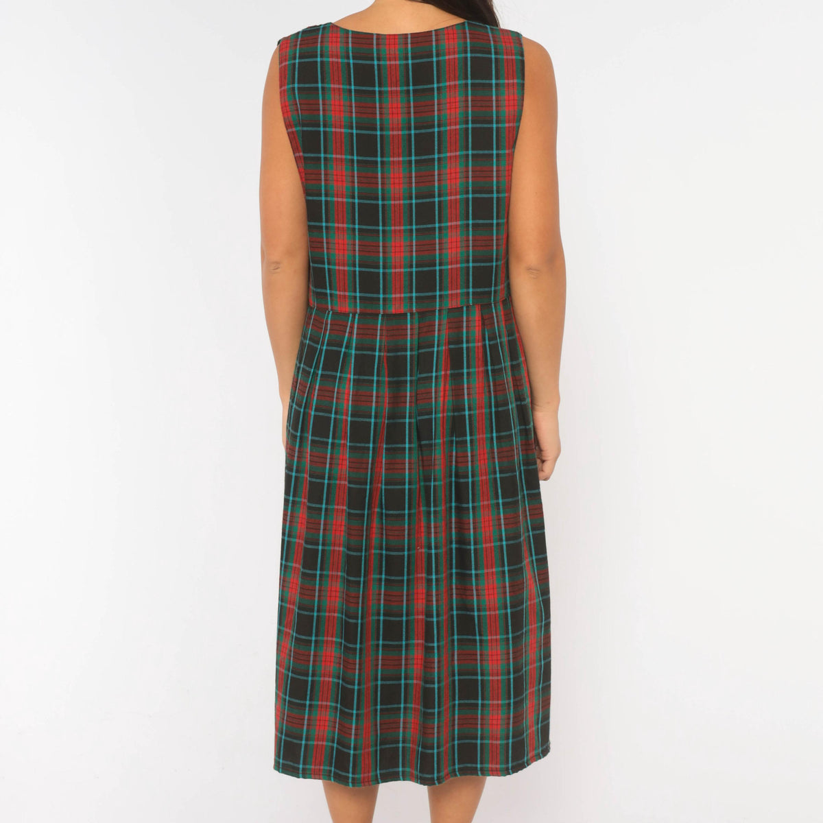 90s Bay Waters Plaid Midi Dress Black Red Teal V-Neck Drop Waist Large