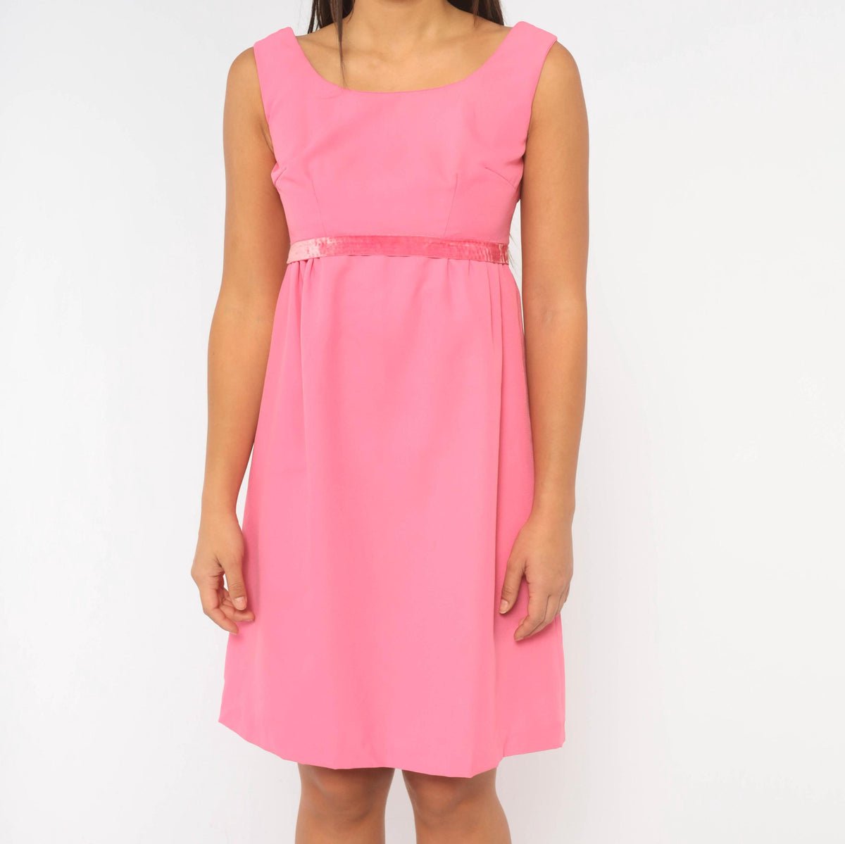 60s Pink Empire Waist Dress Sleeveless A-Line Knee Length Mod Cocktail Extra Small XS