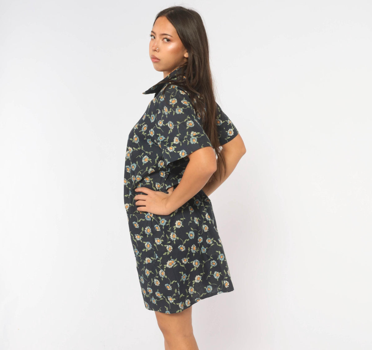 90s Just for Women Navy Floral Daisy Shift Dress Knee Length Large L