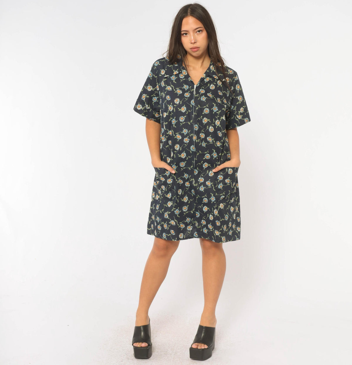 90s Just for Women Navy Floral Daisy Shift Dress Knee Length Large L