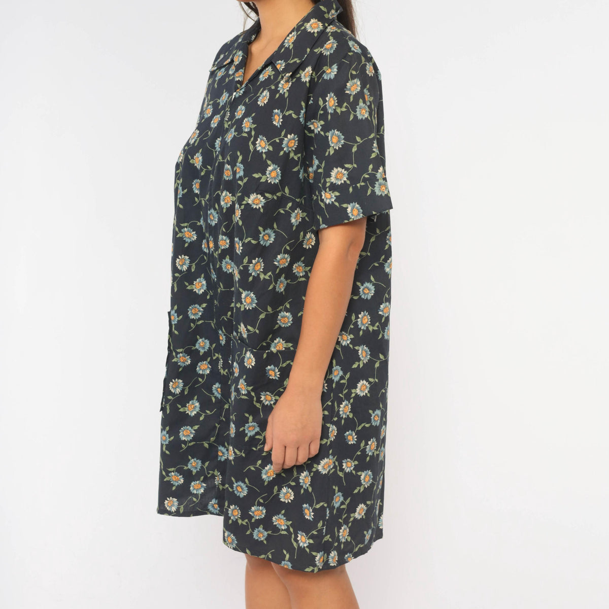 90s Just for Women Navy Floral Daisy Shift Dress Knee Length Large L