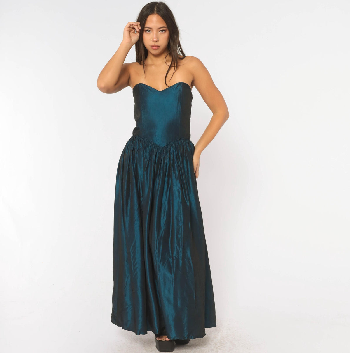 80s Teal Iridescent Strapless Prom Dress Sweetheart Neckline Drop Waist Medium