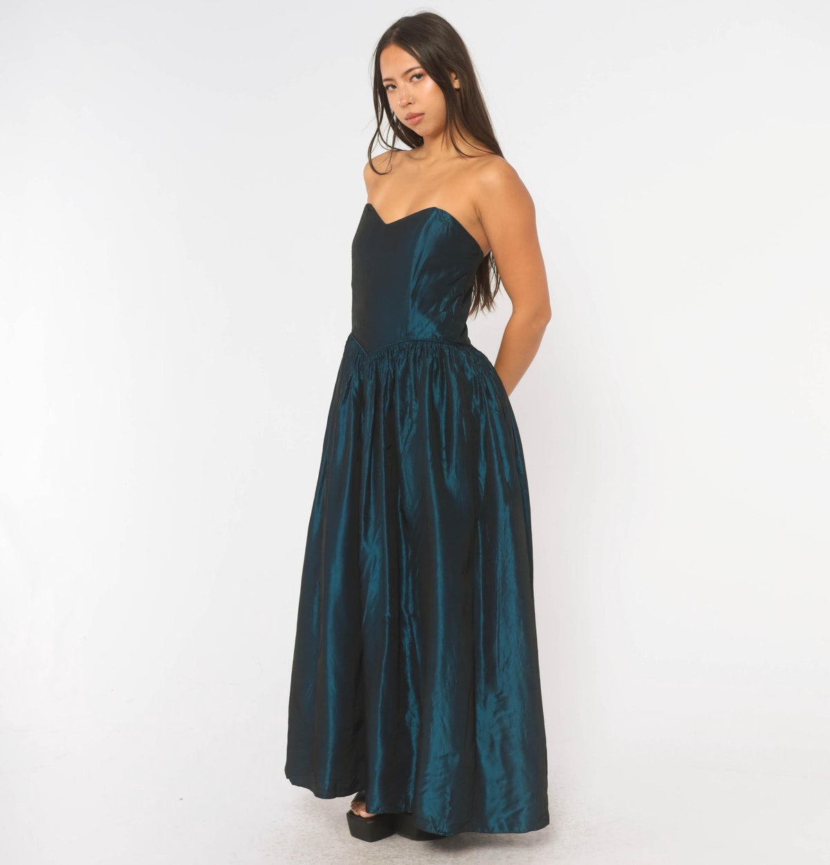 80s Teal Iridescent Strapless Prom Dress Sweetheart Neckline Drop Waist Medium