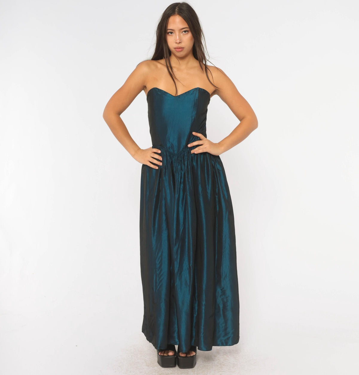 80s Teal Iridescent Strapless Prom Dress Sweetheart Neckline Drop Waist Medium