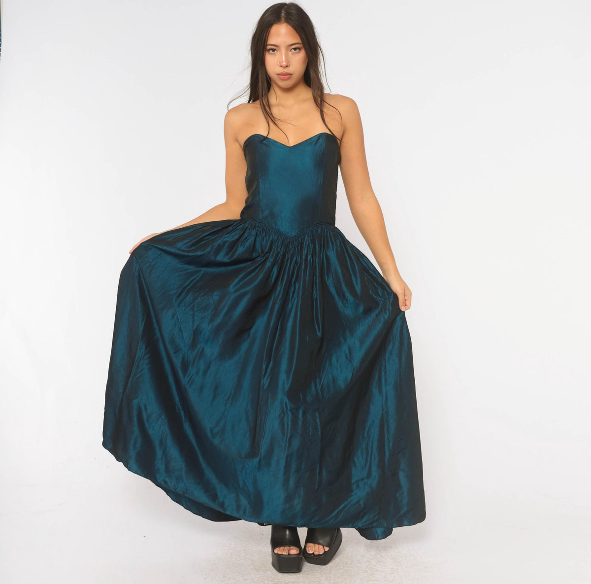 80s Teal Iridescent Strapless Prom Dress Sweetheart Neckline Drop Waist Medium