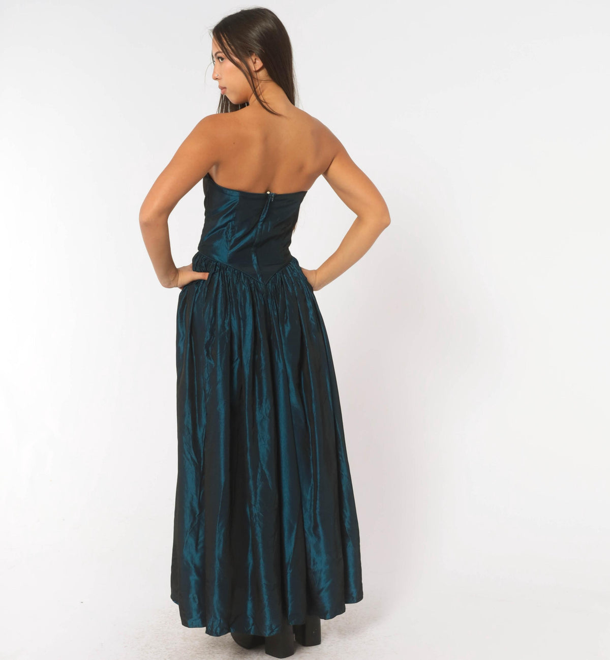 80s Teal Iridescent Strapless Prom Dress Sweetheart Neckline Drop Waist Medium