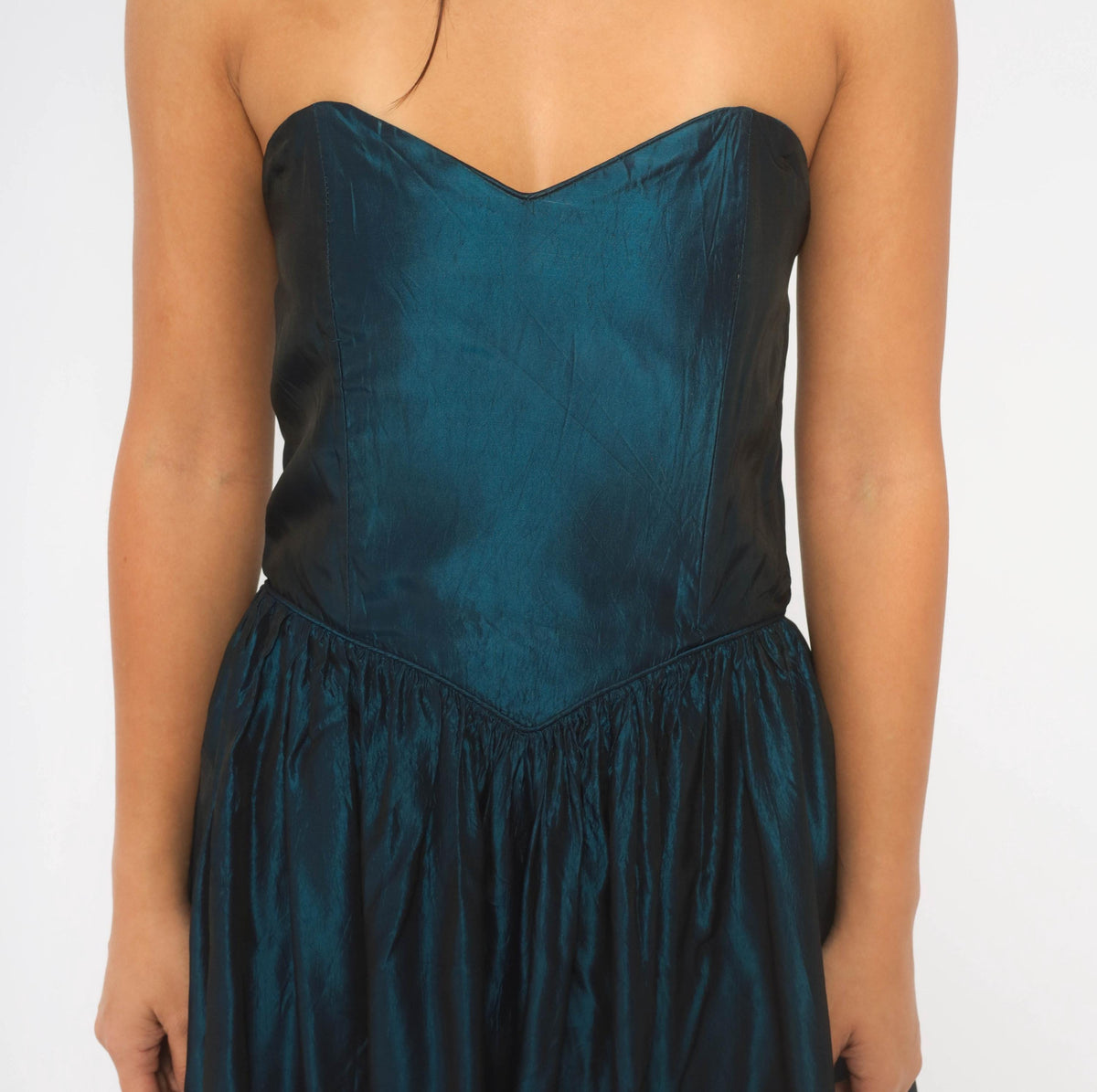 80s Teal Iridescent Strapless Prom Dress Sweetheart Neckline Drop Waist Medium