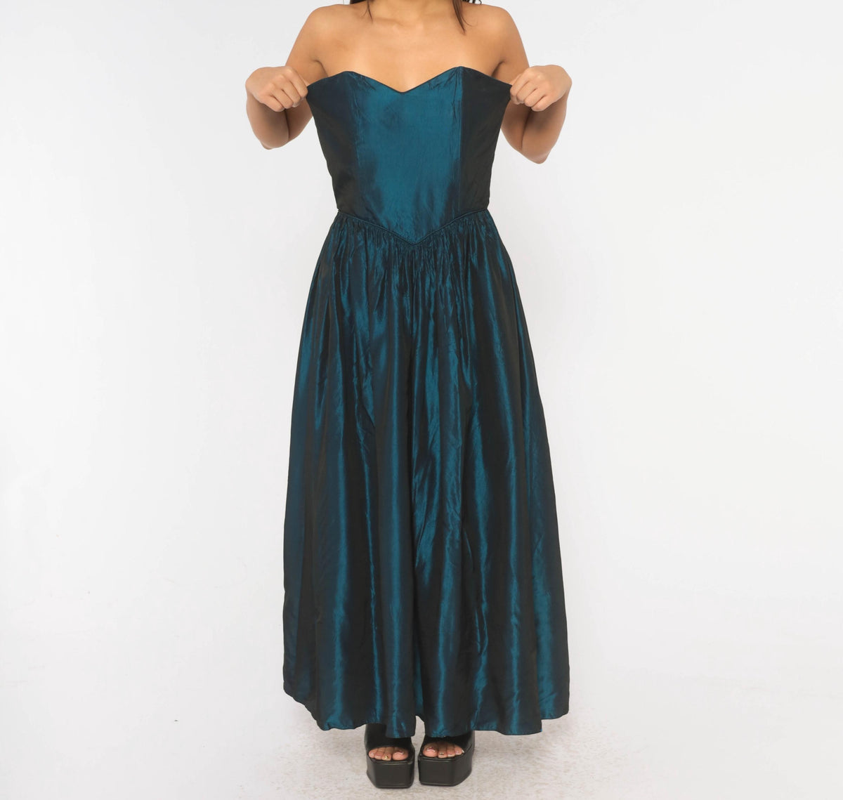 80s Teal Iridescent Strapless Prom Dress Sweetheart Neckline Drop Waist Medium