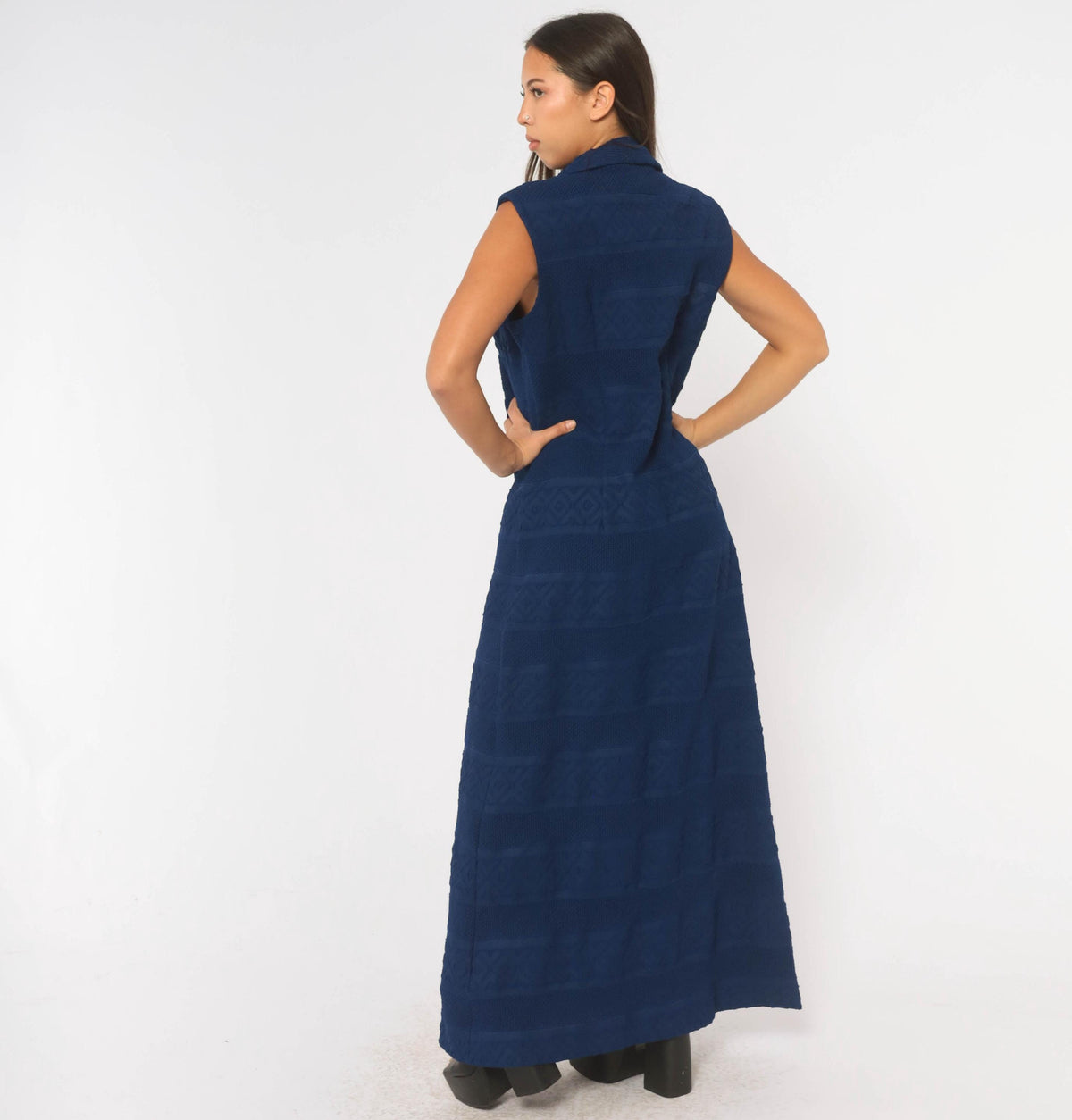 70s Navy Maxi Dress Sleeveless Button Front Pointelle Knit Shirtdress Large L