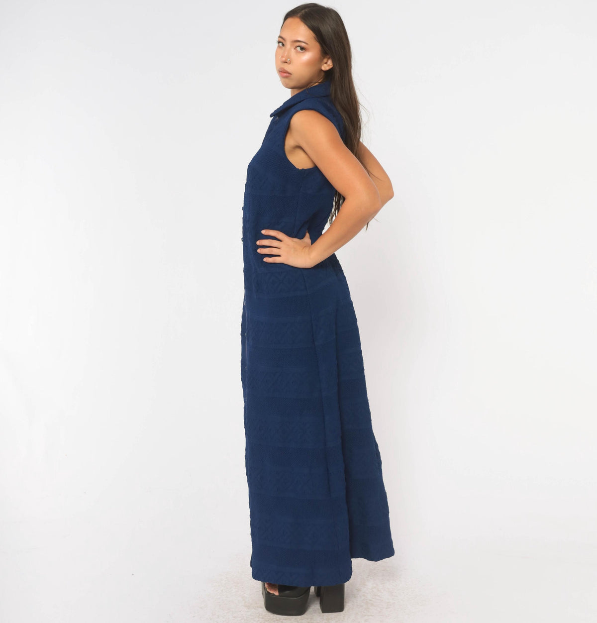 70s Navy Maxi Dress Sleeveless Button Front Pointelle Knit Shirtdress Large L