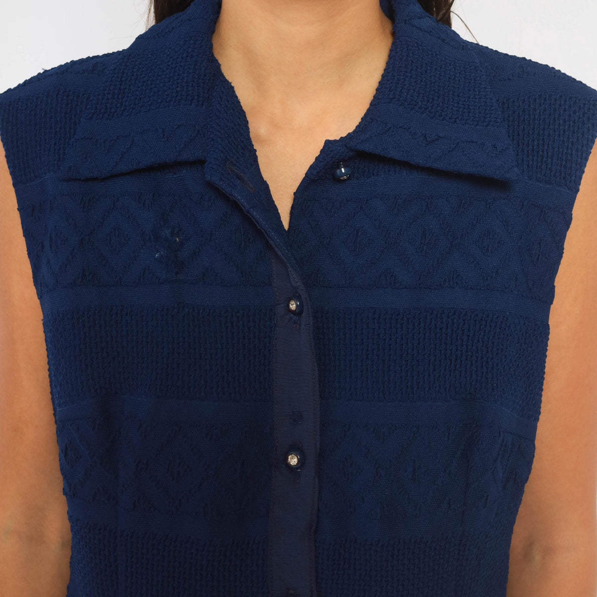 70s Navy Maxi Dress Sleeveless Button Front Pointelle Knit Shirtdress Large L