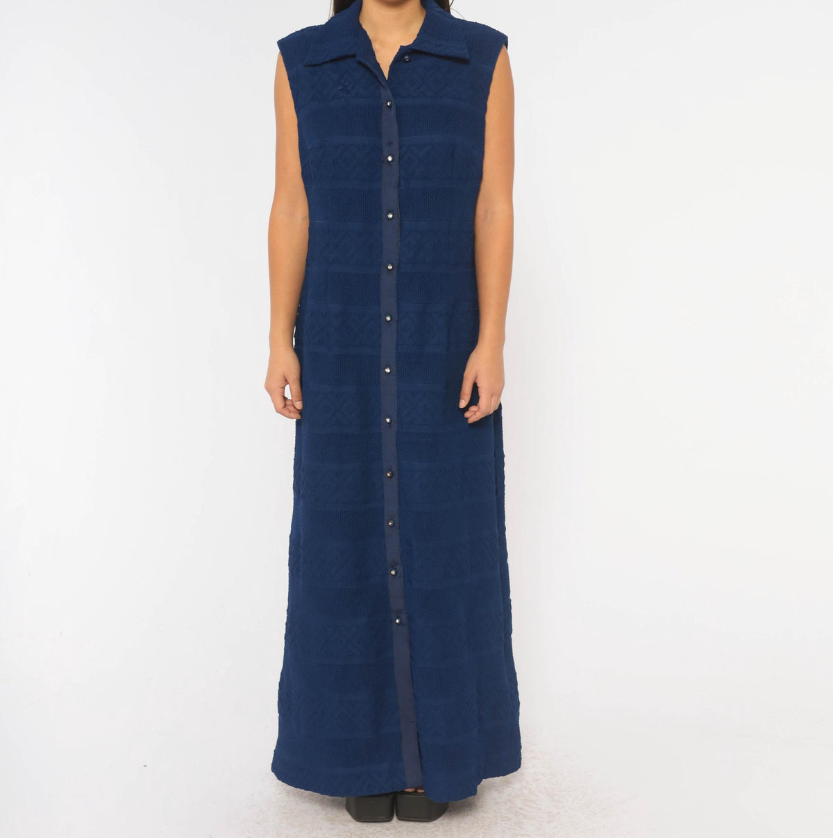 70s Navy Maxi Dress Sleeveless Button Front Pointelle Knit Shirtdress Large L