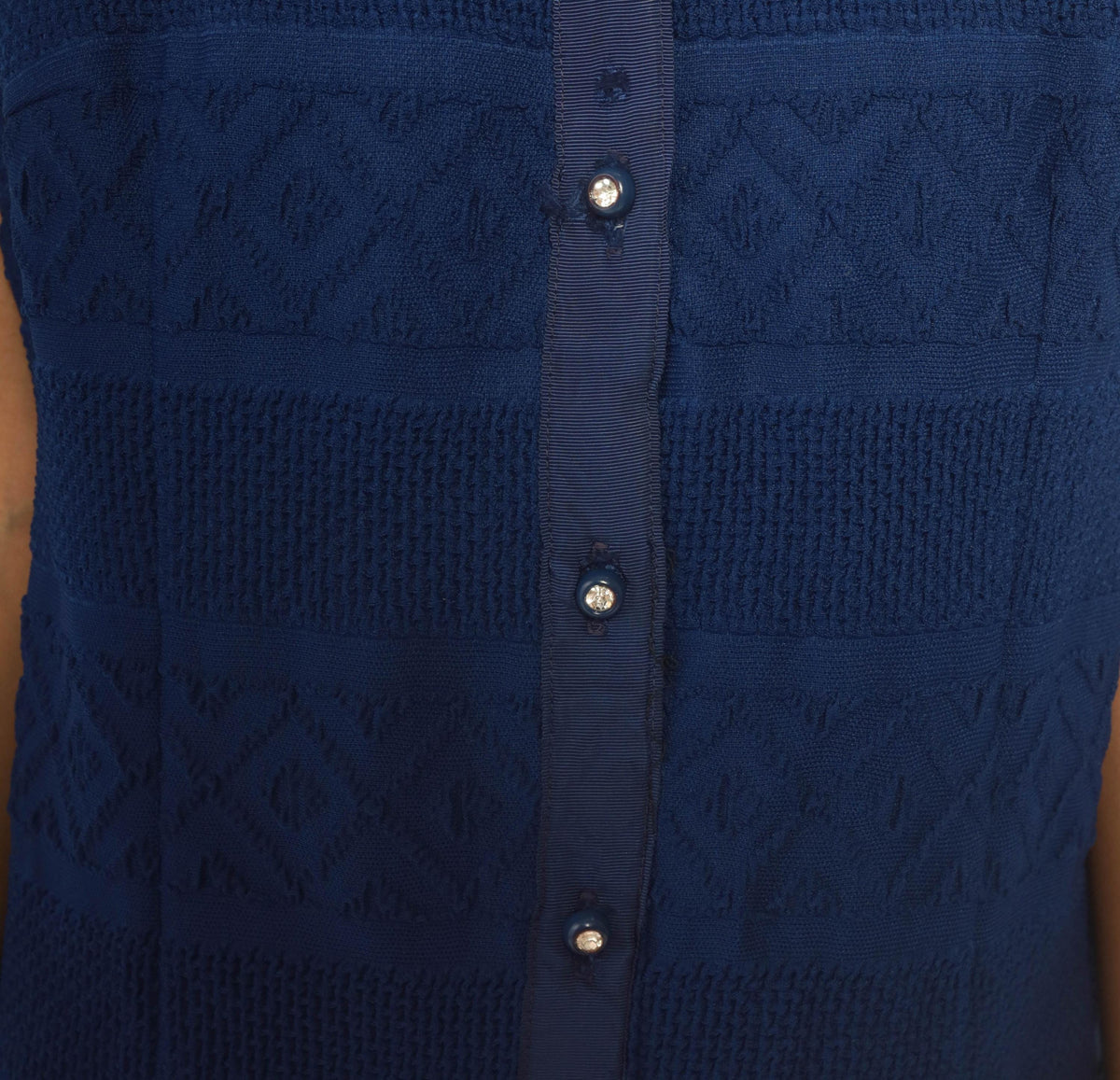 70s Navy Maxi Dress Sleeveless Button Front Pointelle Knit Shirtdress Large L