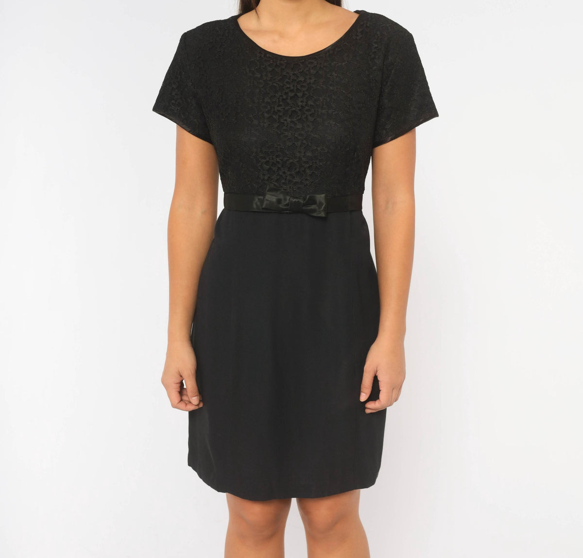90s Just Choon Black Lace Knee Dress Floral Bodice Satin Bow Large L