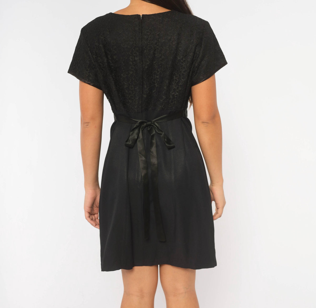 90s Just Choon Black Lace Knee Dress Floral Bodice Satin Bow Large L