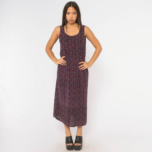 90s Purple Floral Sleeveless Dress Ankle Length Ditsy Print Tank Small