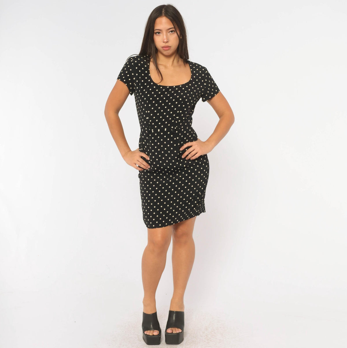 90s Ann Taylor Polka Dot Sheath Dress Black White Scoop Neck XS