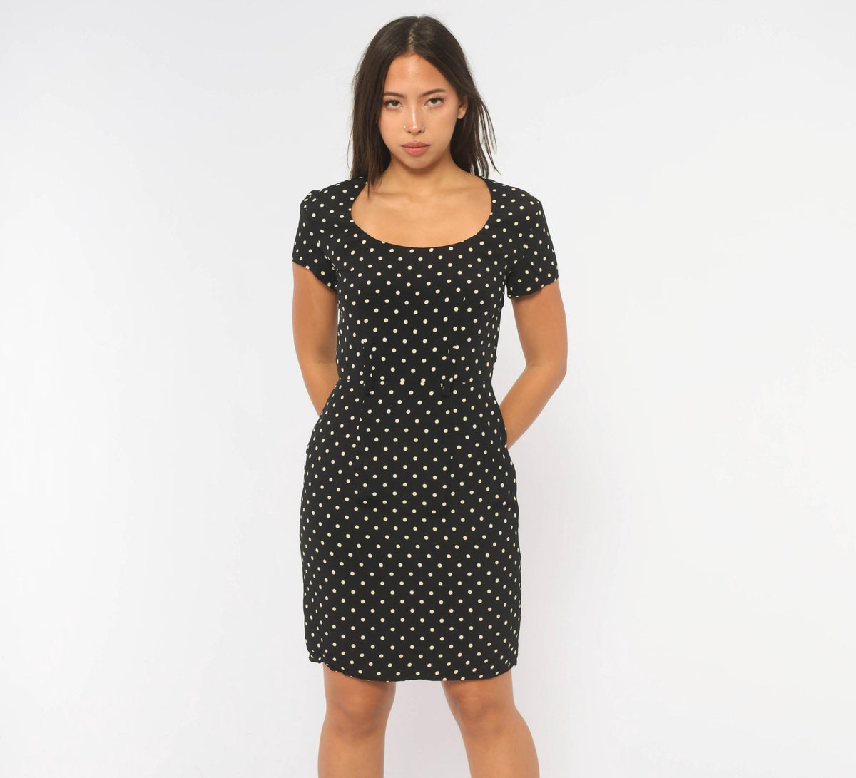 90s Ann Taylor Polka Dot Sheath Dress Black White Scoop Neck XS