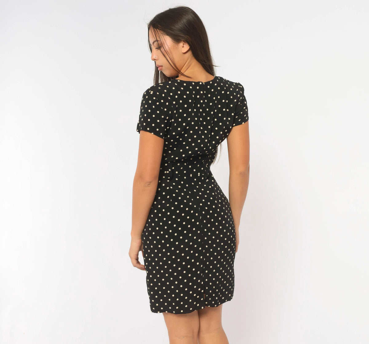 90s Ann Taylor Polka Dot Sheath Dress Black White Scoop Neck XS