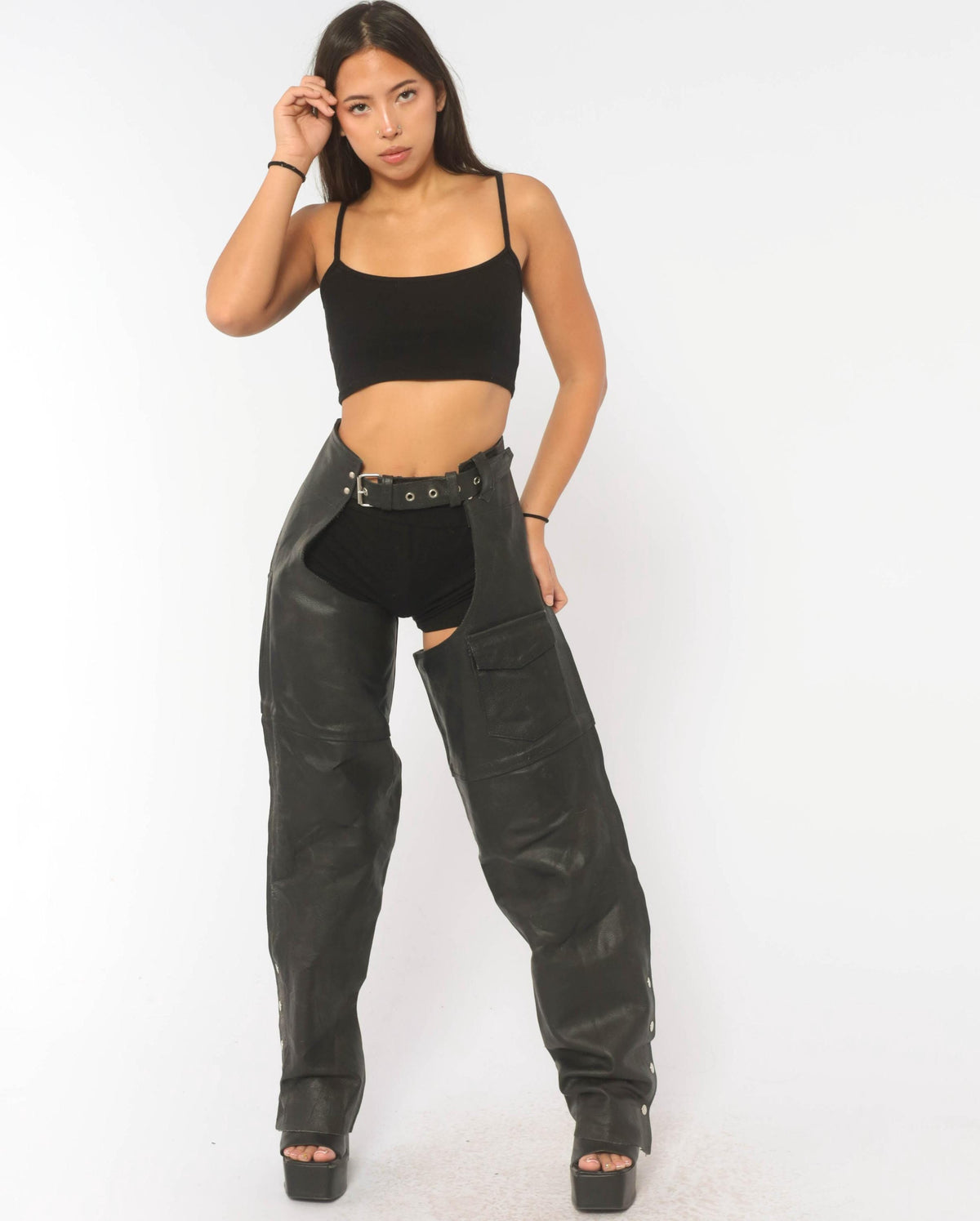 90s Black Leather Motorcycle Chaps Belted Buckle Lace-Up Zippers Medium M