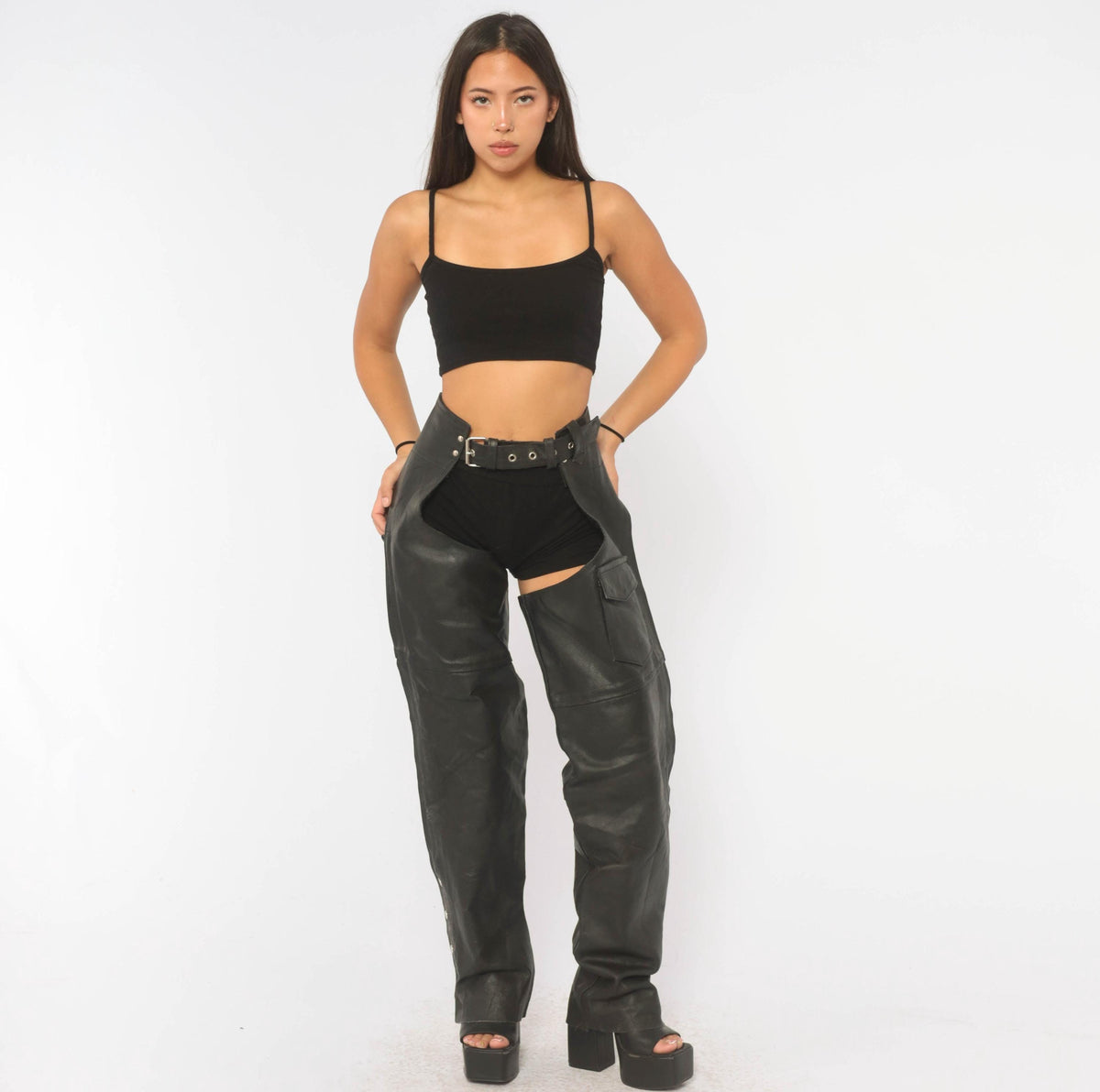 90s Black Leather Motorcycle Chaps Belted Buckle Lace-Up Zippers Medium M
