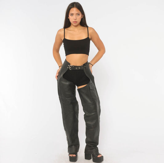 90s Black Leather Motorcycle Chaps Belted Buckle Lace-Up Zippers Medium M
