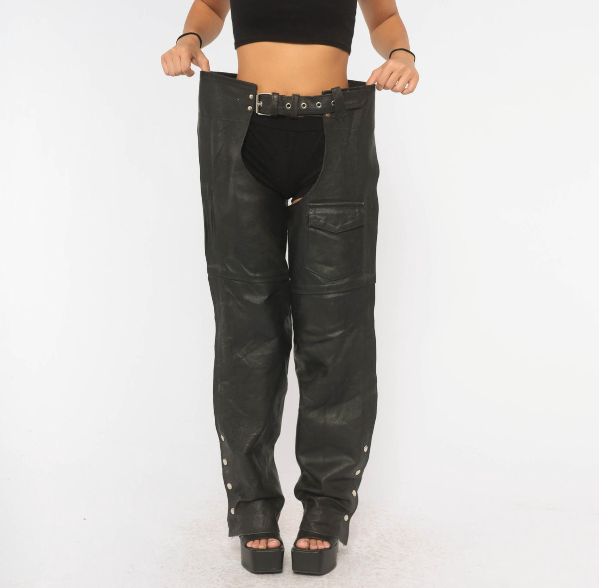90s Black Leather Motorcycle Chaps Belted Buckle Lace-Up Zippers Medium M