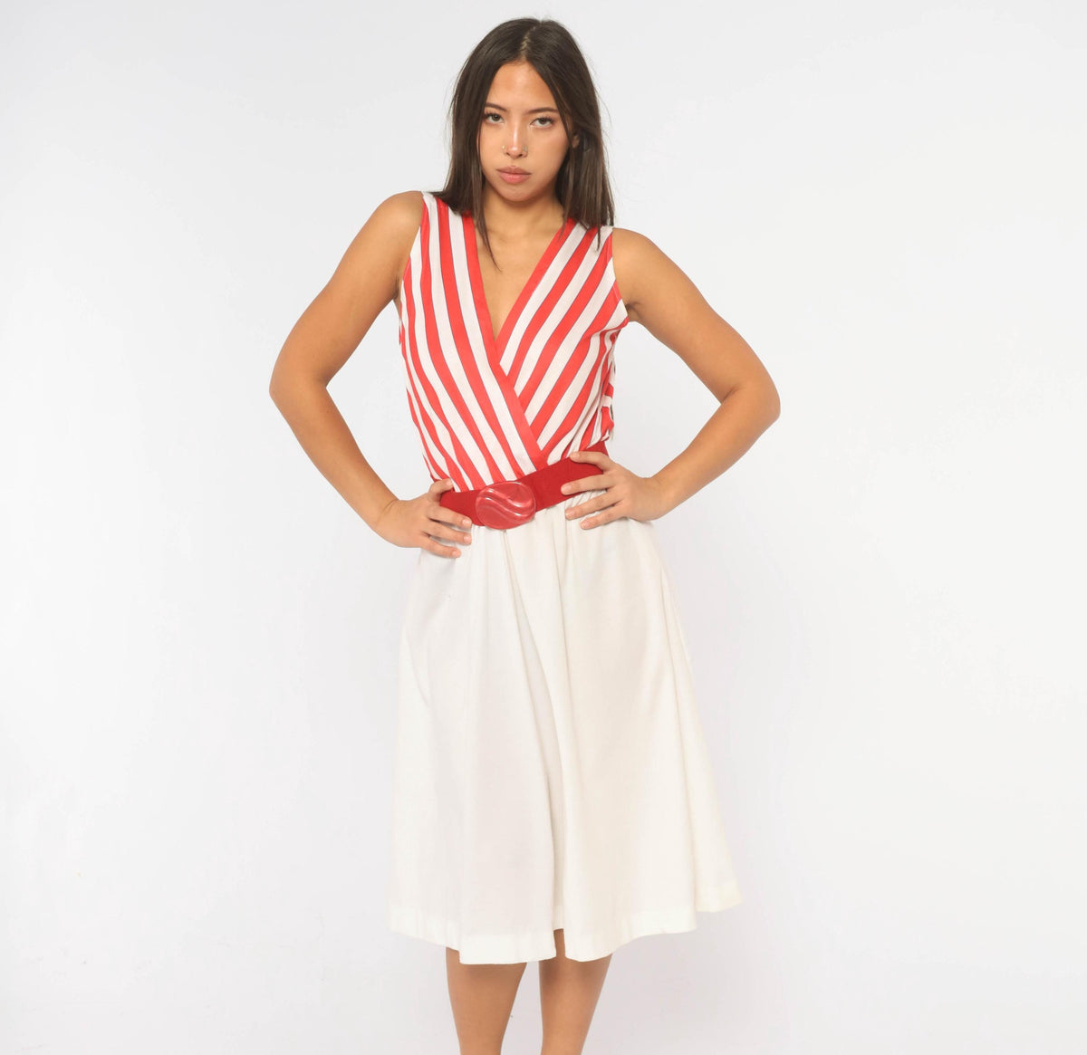 80s Murray Meisner Striped Midi Dress White Red Surplice V Neck Medium