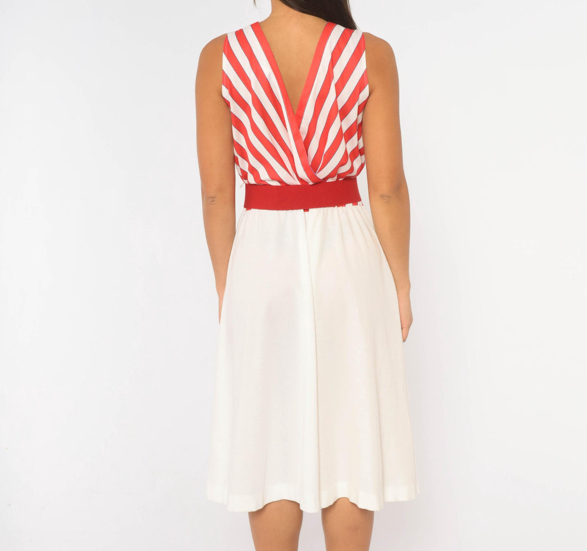 80s Murray Meisner Striped Midi Dress White Red Surplice V Neck Medium