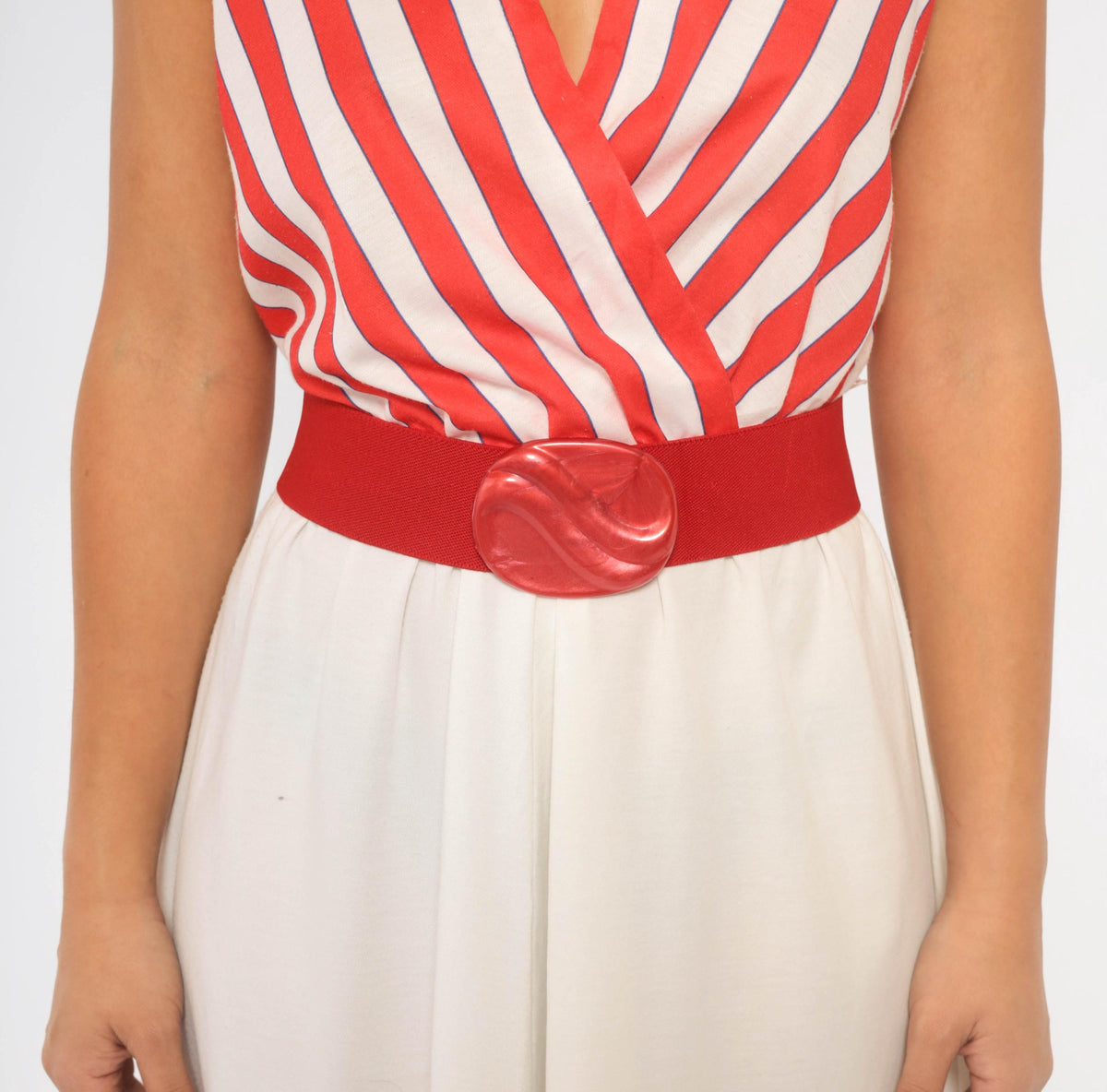 80s Murray Meisner Striped Midi Dress White Red Surplice V Neck Medium