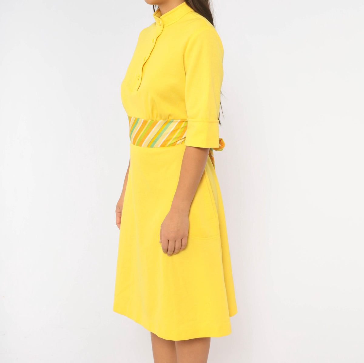 70s Yellow Striped Shift Dress Mandarin Collar A-Line Pockets Medium M