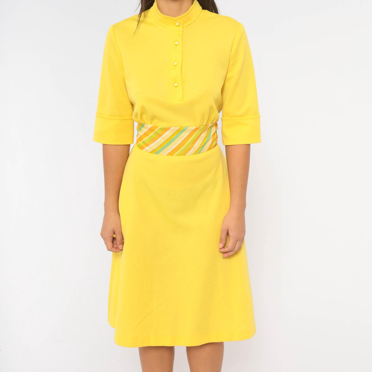 70s Yellow Striped Shift Dress Mandarin Collar A-Line Pockets Medium M