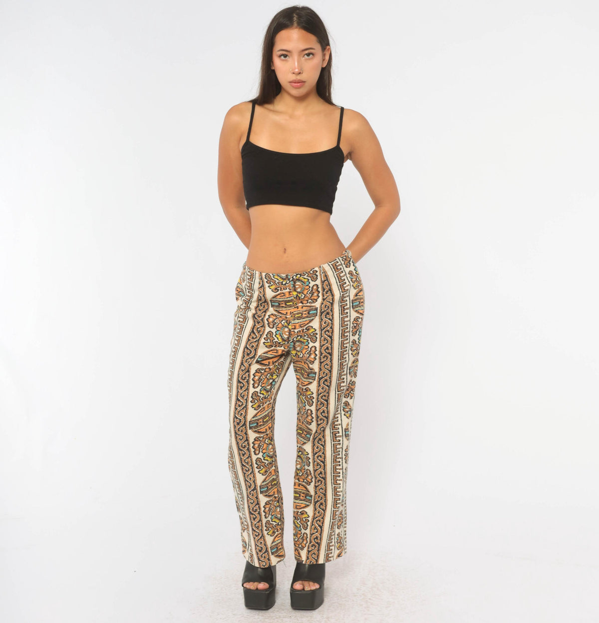 70s Paisley Border Print Flare Trousers Beige Orange Mid Rise Medium