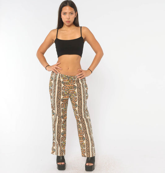70s Paisley Border Print Flare Trousers Beige Orange Mid Rise Medium