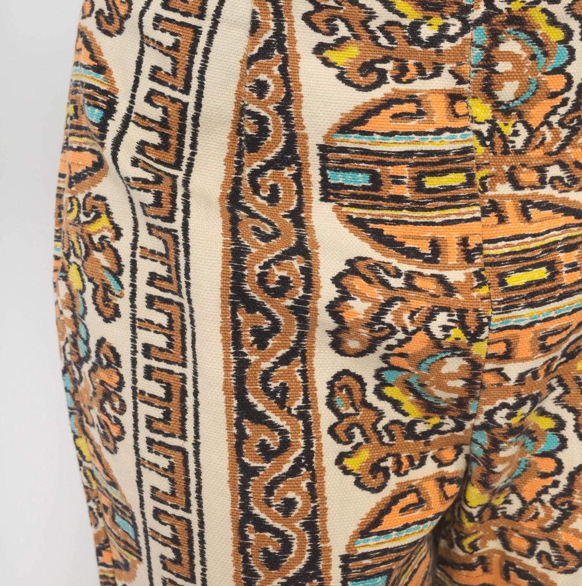 70s Paisley Border Print Flare Trousers Beige Orange Mid Rise Medium
