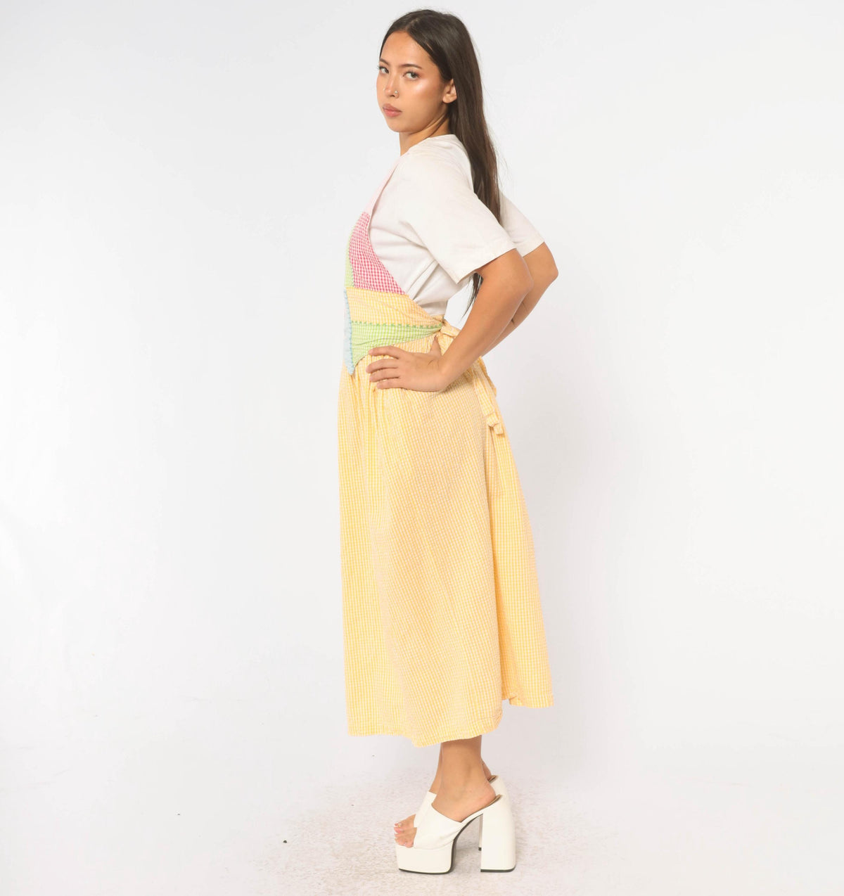 90s J.G. Hook Gingham Patchwork Pinafore Dress Yellow White Midi Cotton Medium M