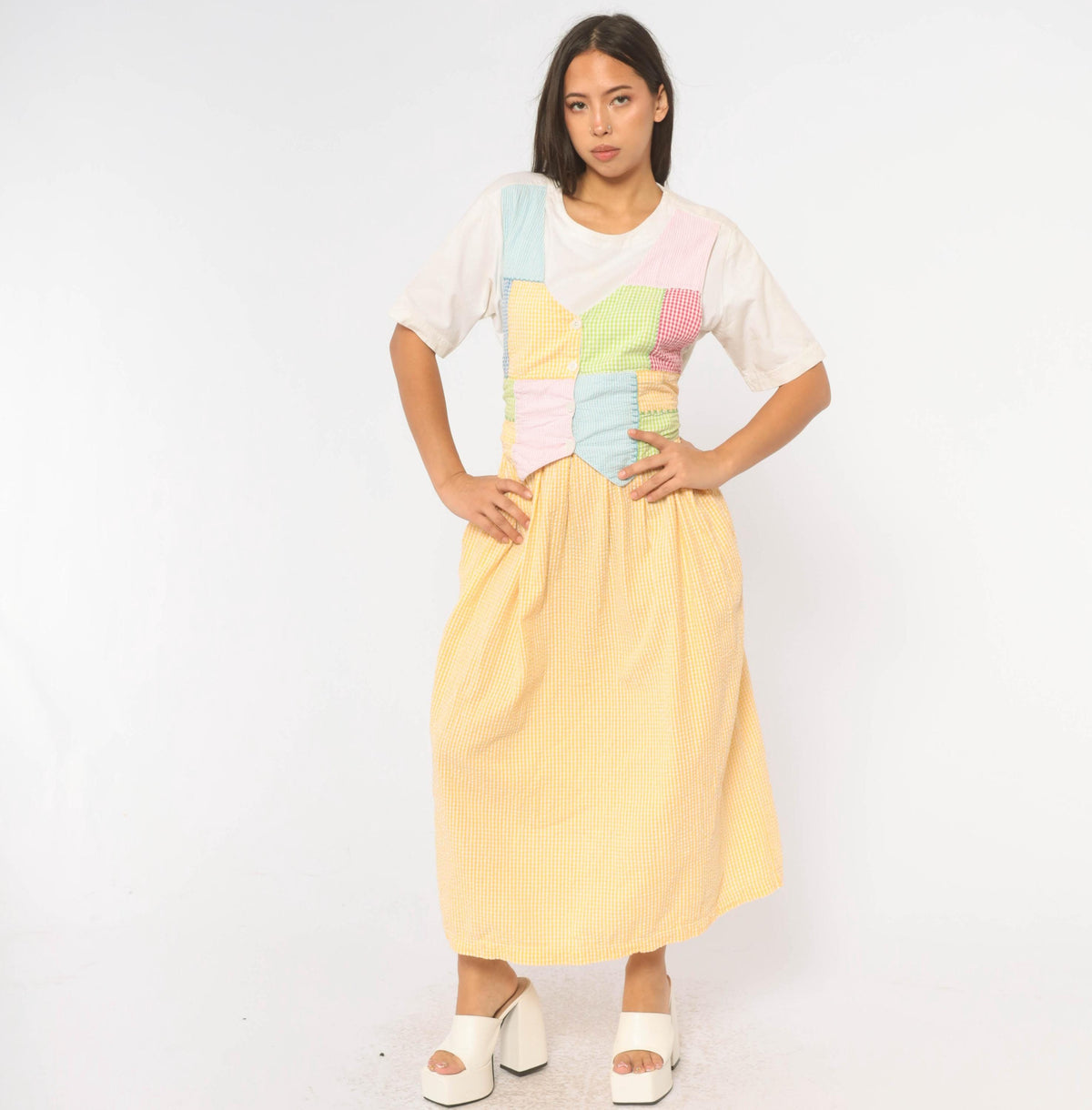 90s J.G. Hook Gingham Patchwork Pinafore Dress Yellow White Midi Cotton Medium M